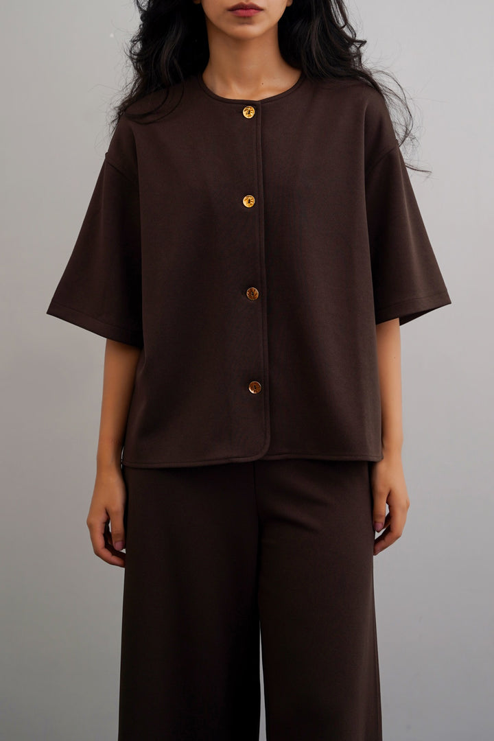 DARK BROWN TWILL TEXTURED BLOUSE