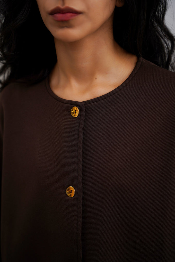 DARK BROWN TWILL TEXTURED BLOUSE