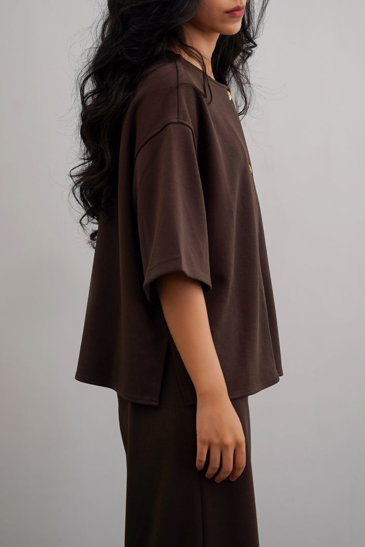 DARK BROWN TWILL TEXTURED BLOUSE