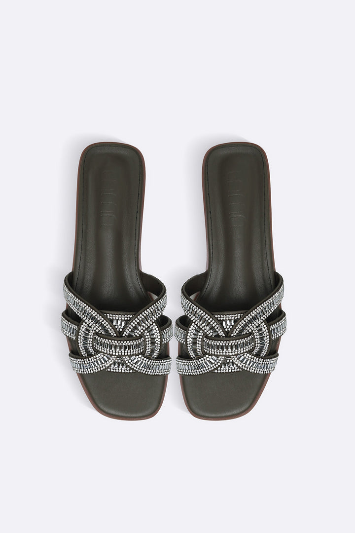 OLIVE CRYSTAL STUDDED SLIDES