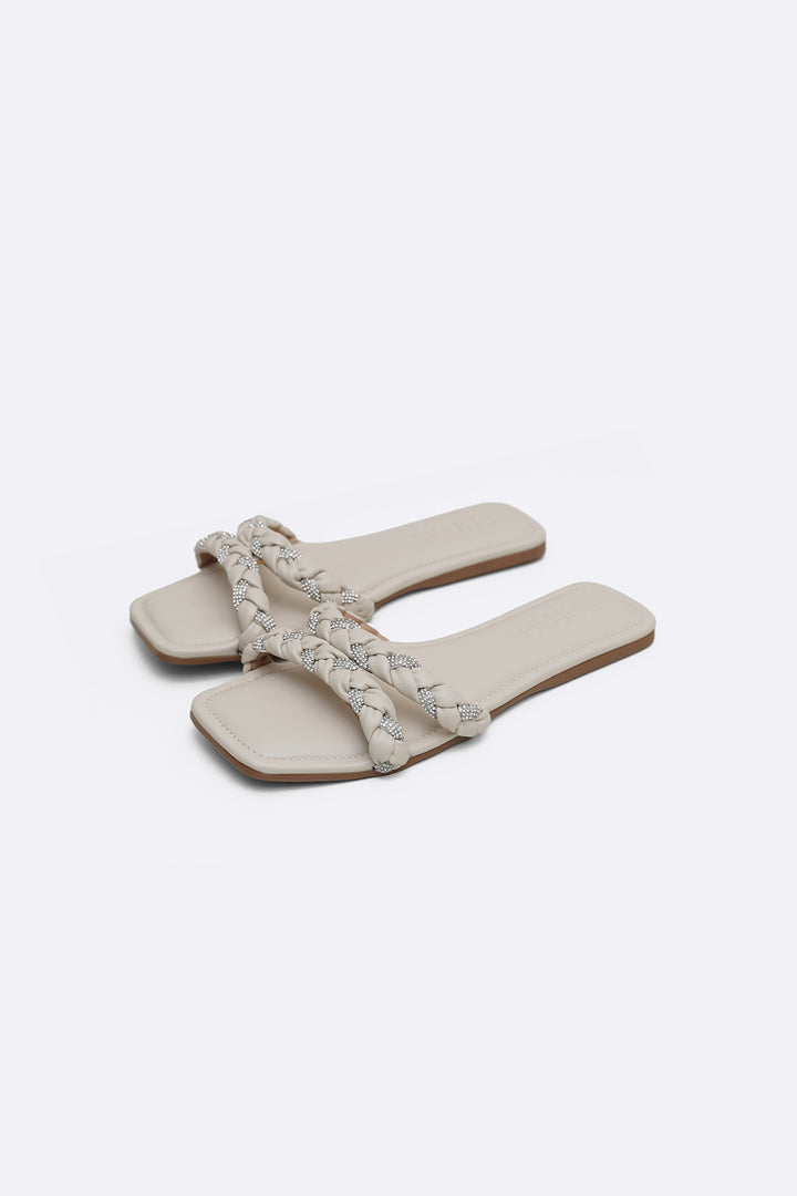 WHITE CRYSTAL BRAIDED SLIDES