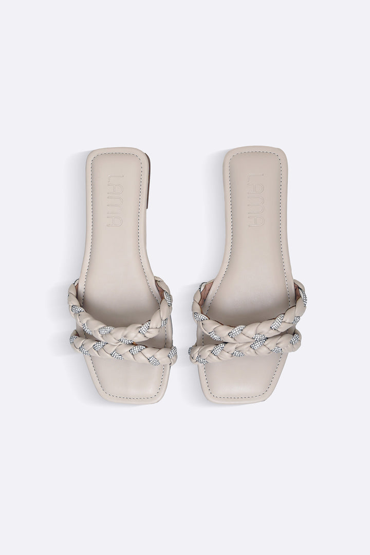 WHITE CRYSTAL BRAIDED SLIDES