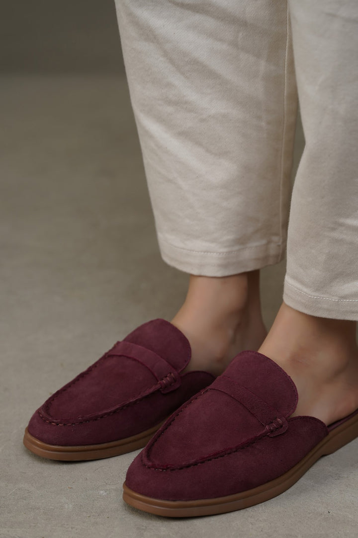MAROON-SUEDE LEATHER MULES