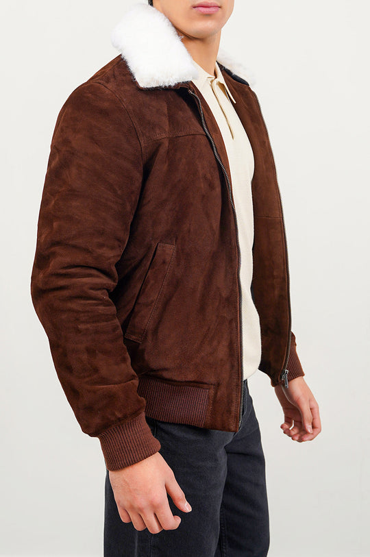 BROWN SUEDE JACKET WITH LAMB WOOL COLLAR