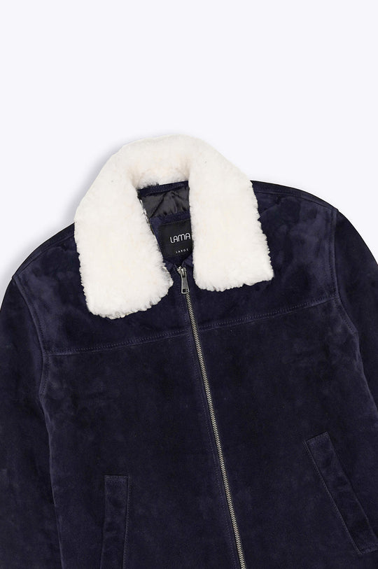 NAVY SUEDE JACKET WITH LAMB WOOL COLLAR