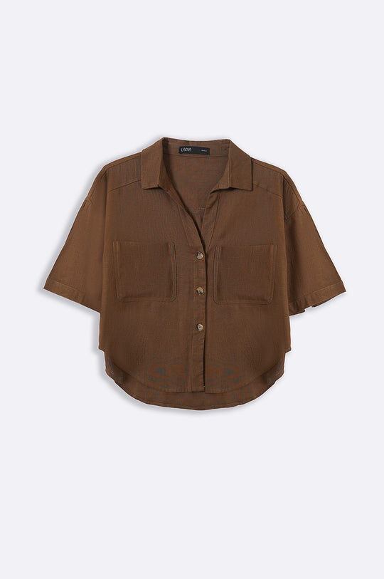 BROWN CROPPED BUTTON DOWN