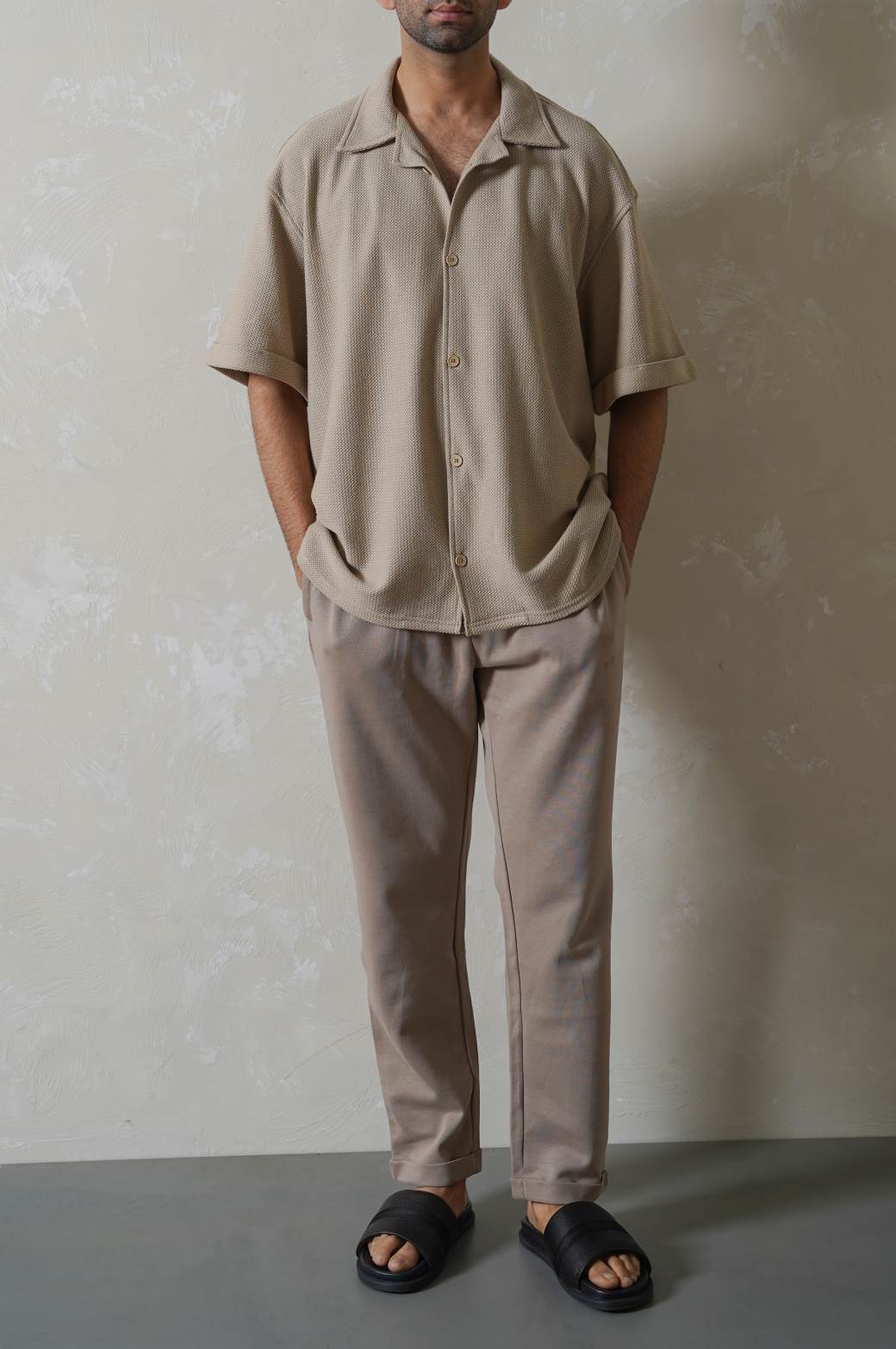 KHAKI TURN-UP JACQUARD PANTS