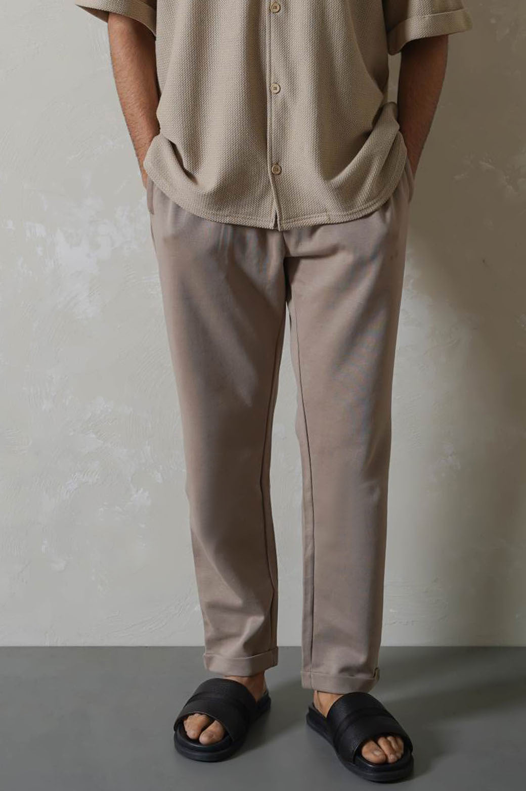 KHAKI TURN-UP JACQUARD PANTS