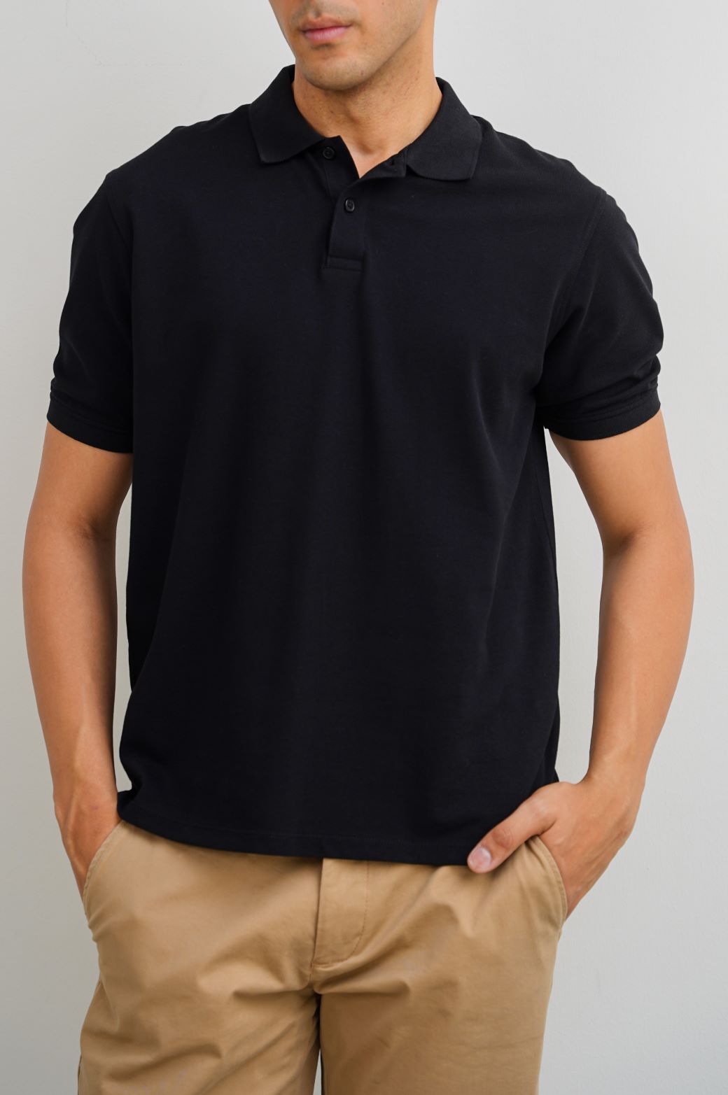 BLACK KNITTED COTTON POLO
