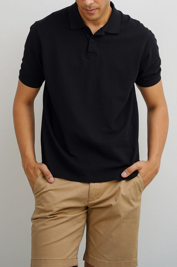 BLACK KNITTED COTTON POLO