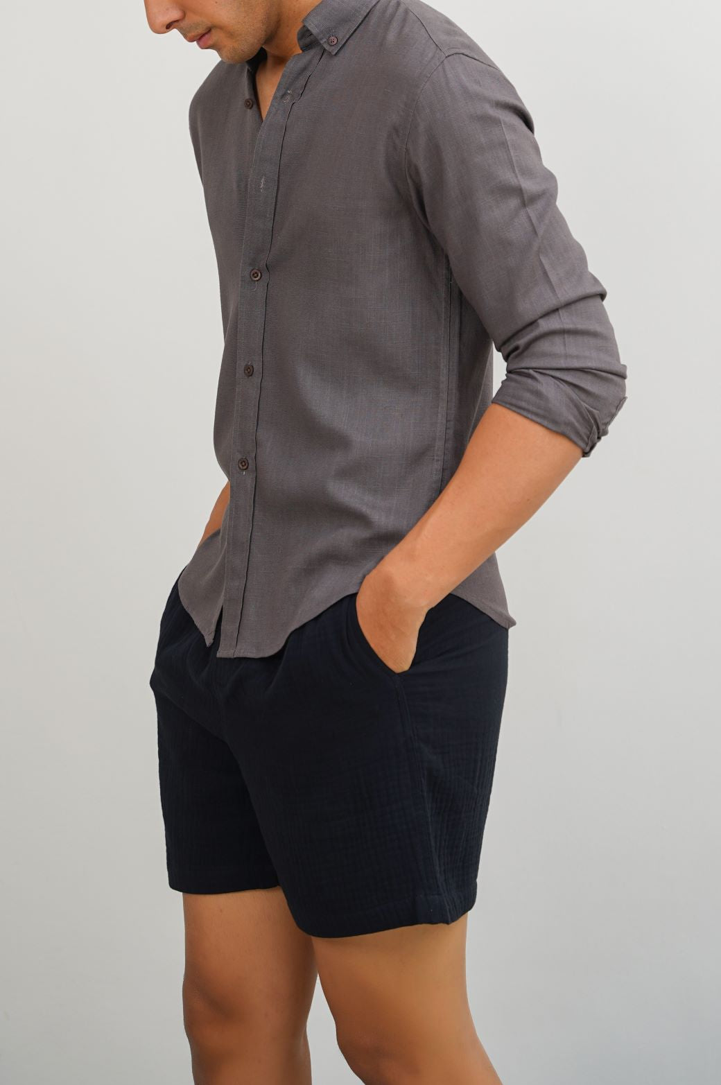 DARK GREY LINEN SLUB COLLAR SHIRT