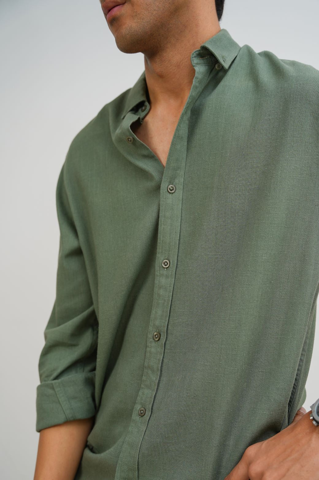GREEN LINEN SLUB COLLAR SHIRT