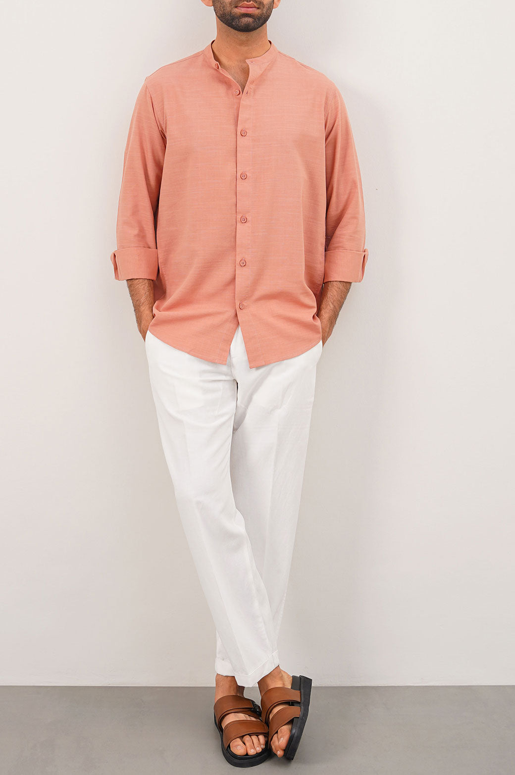 ITLIAN CLAY BAND COLLAR COTTON BLEND SHIRT
