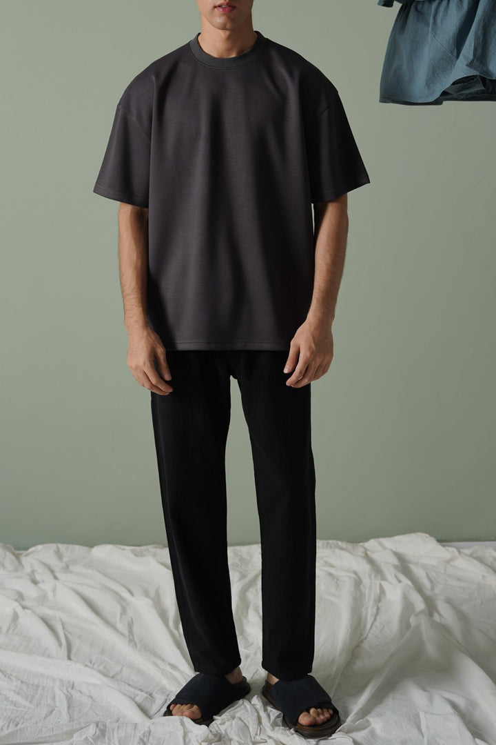 BLACK TEXTURED COTTON TROUSERS