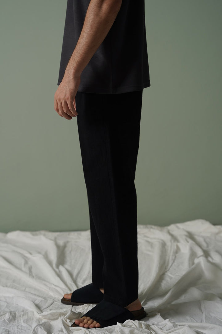 BLACK TEXTURED COTTON TROUSERS