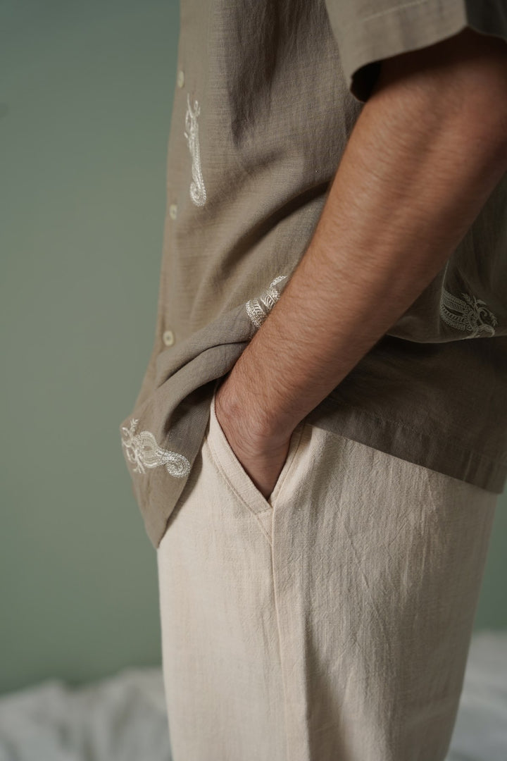 ECRU TEXTURED COTTON TROUSERS