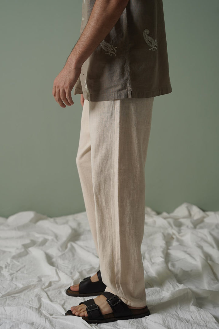 ECRU TEXTURED COTTON TROUSERS