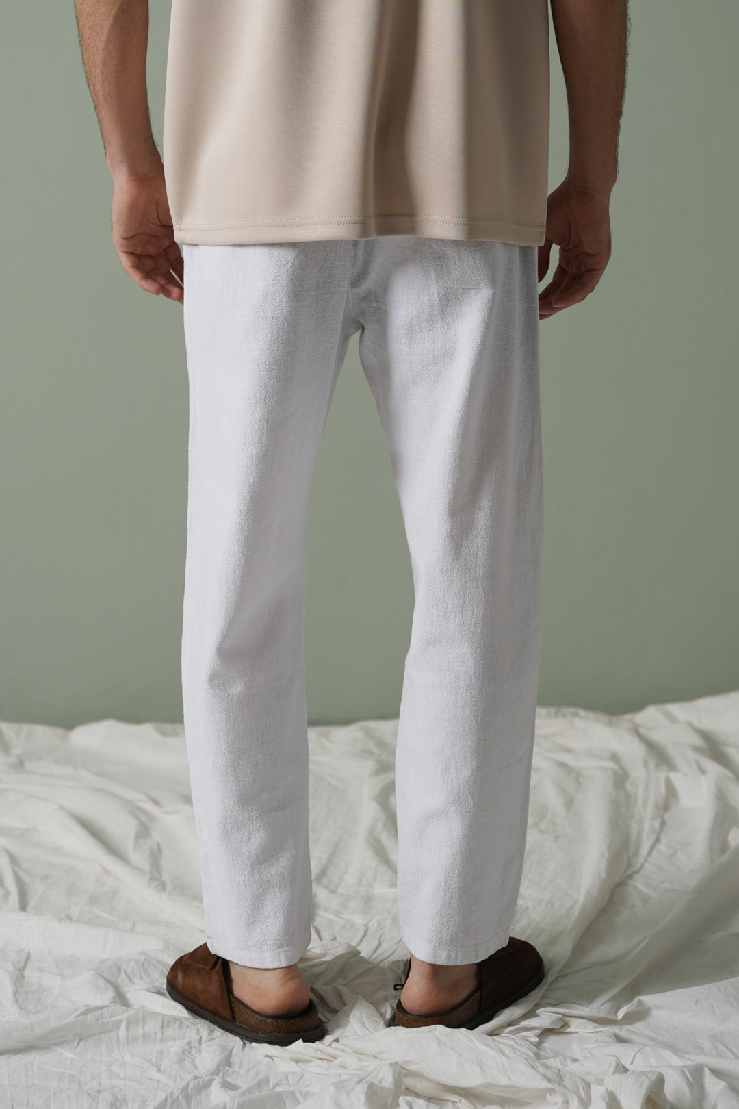 WHITE TEXTURED COTTON TROUSERS