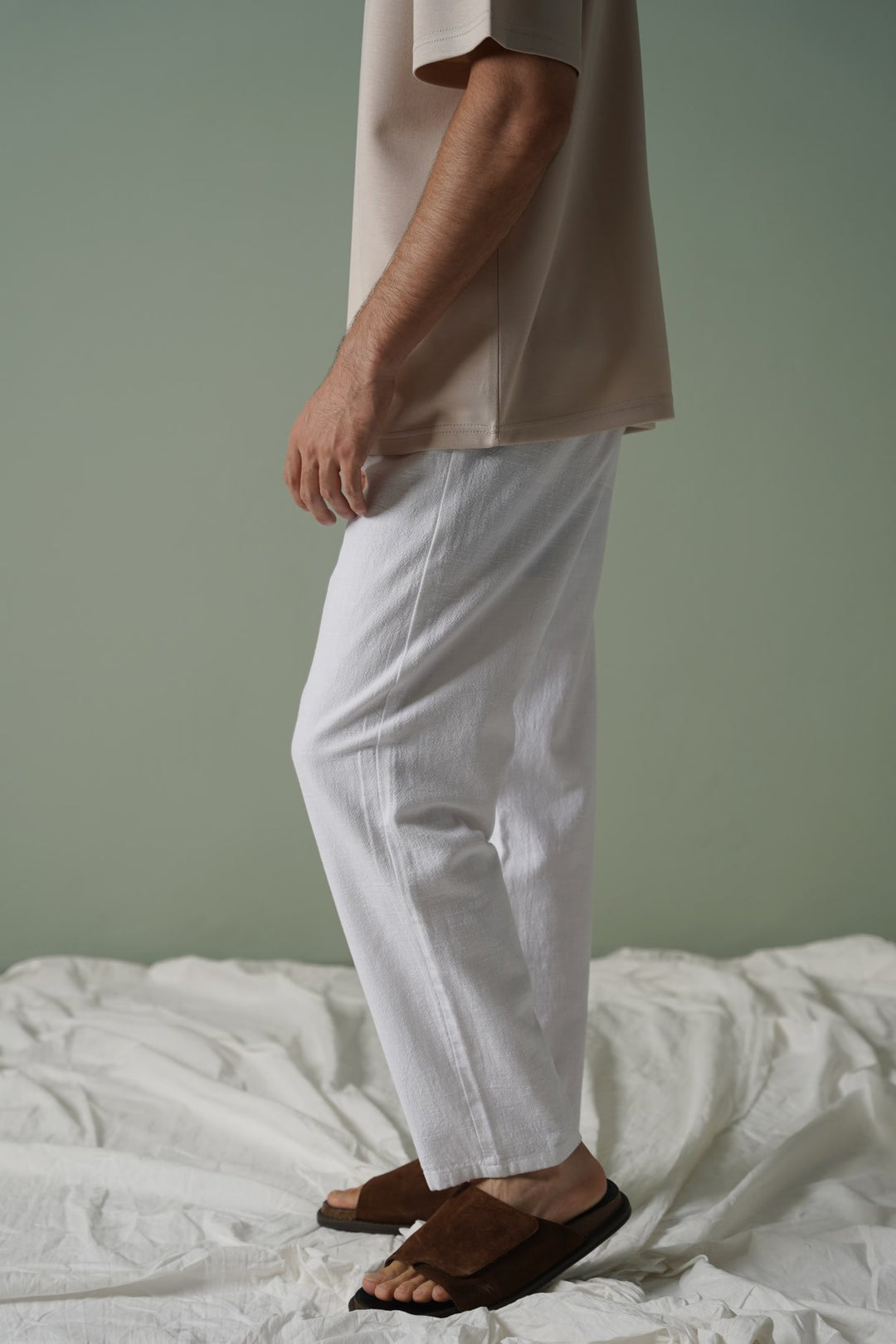 WHITE TEXTURED COTTON TROUSERS