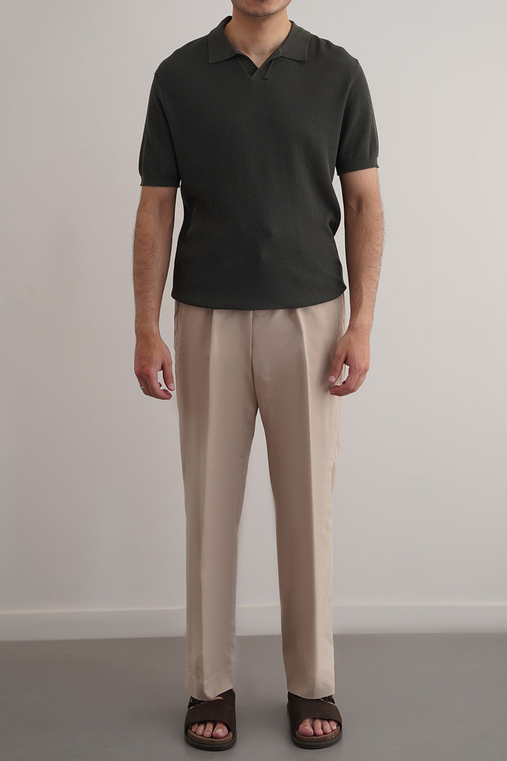 BEIGE PLEATED COTTON TROUSERS