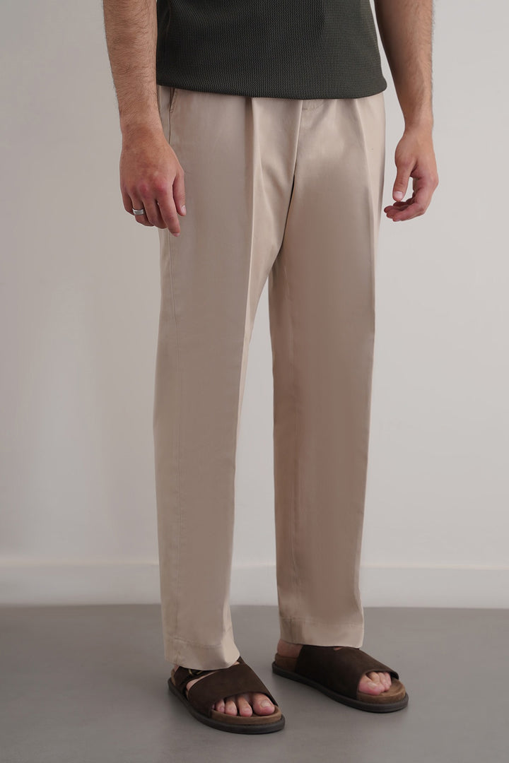 BEIGE PLEATED COTTON TROUSERS