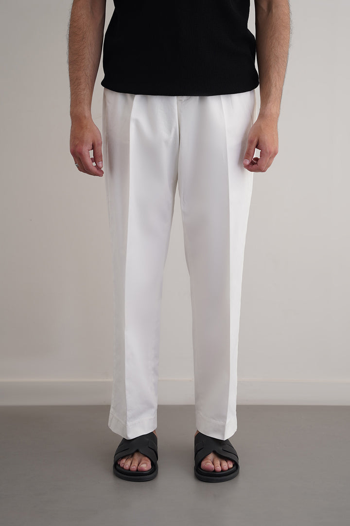 OFF WHITE PLEATED COTTON TROUSERS