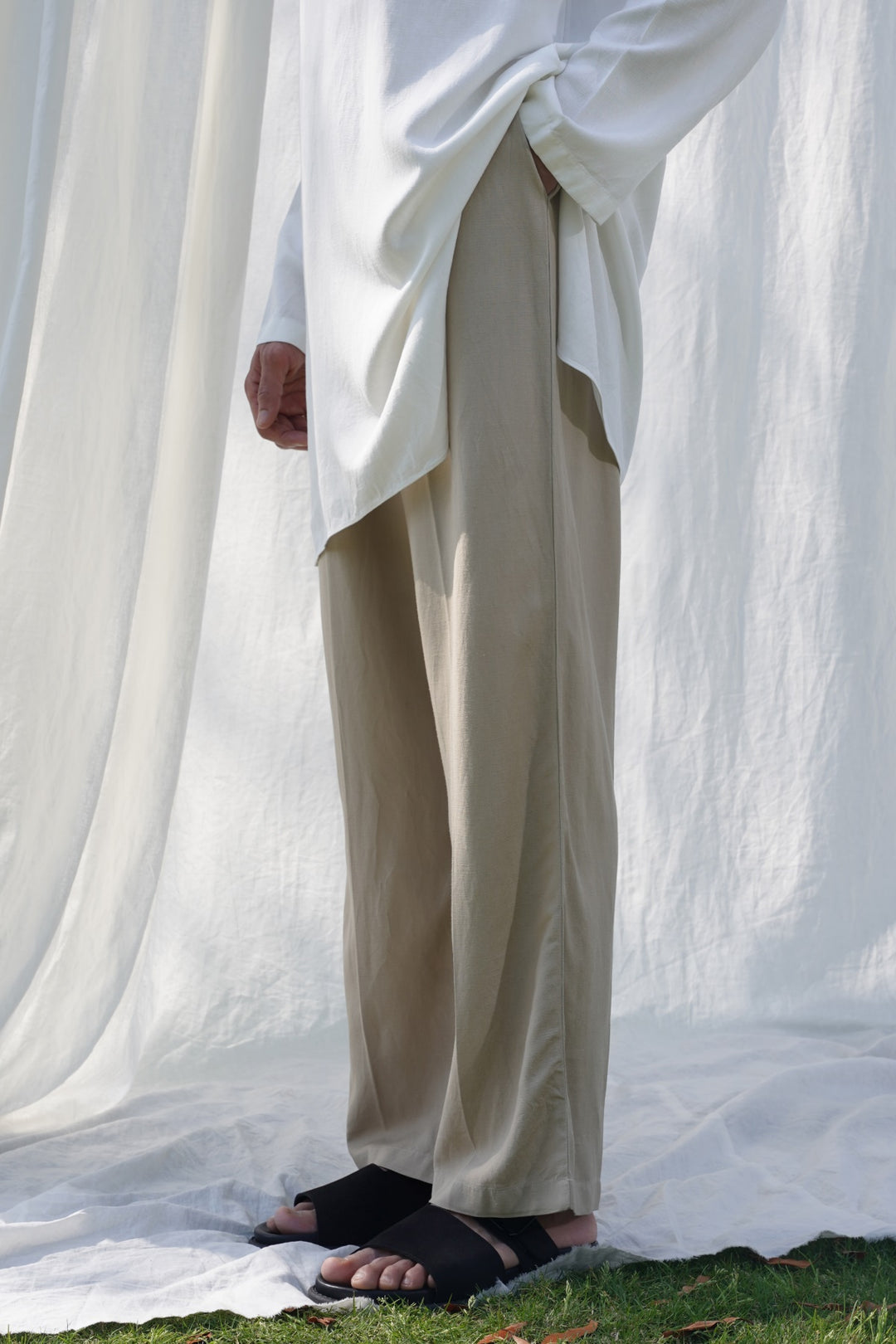 BEIGE LINEN BLEND RELAXED TROUSERS