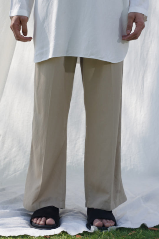 BEIGE LINEN BLEND RELAXED TROUSERS