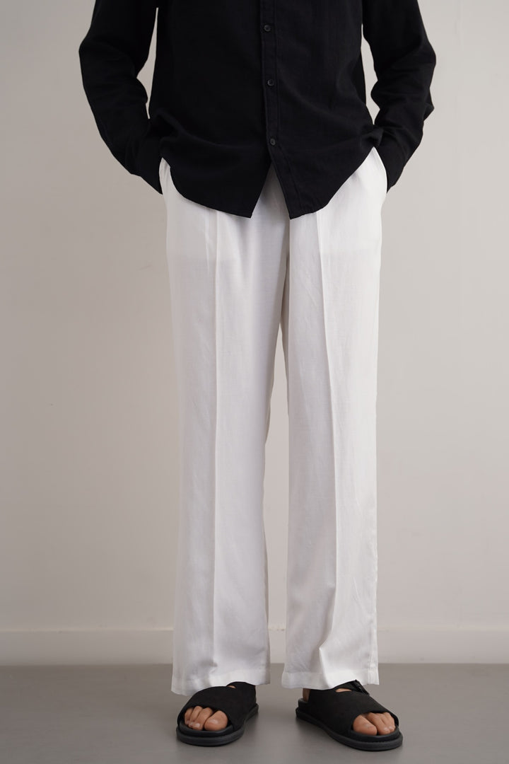 WHITE LINEN BLEND RELAXED TROUSERS