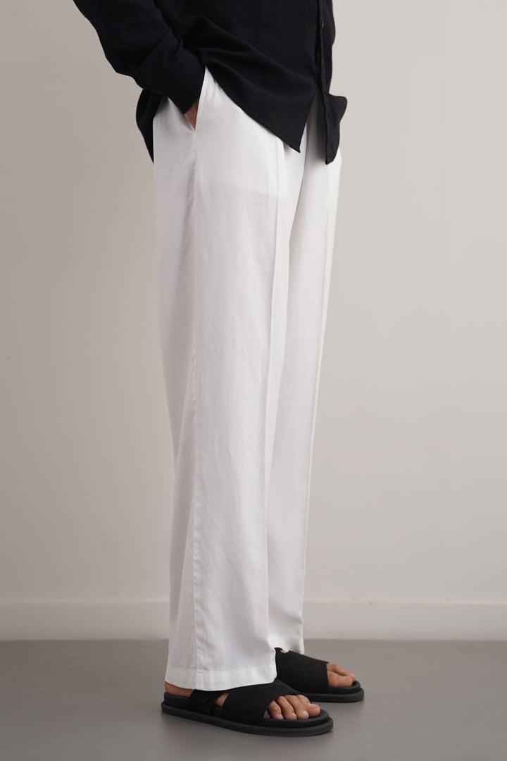 WHITE LINEN BLEND RELAXED TROUSERS