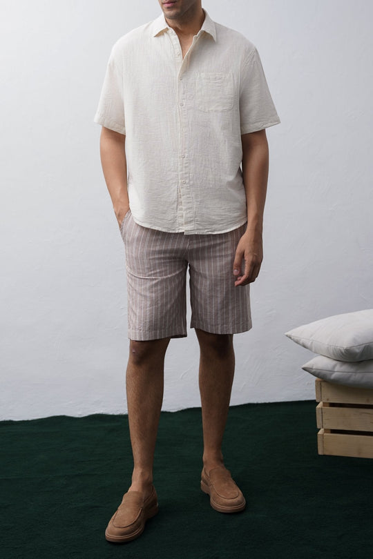 BEIGE STRIPED SHORTS WITH LINEN