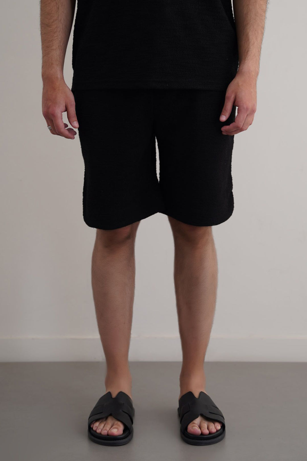 BLACK BOUCLE-KNIT SHORTS