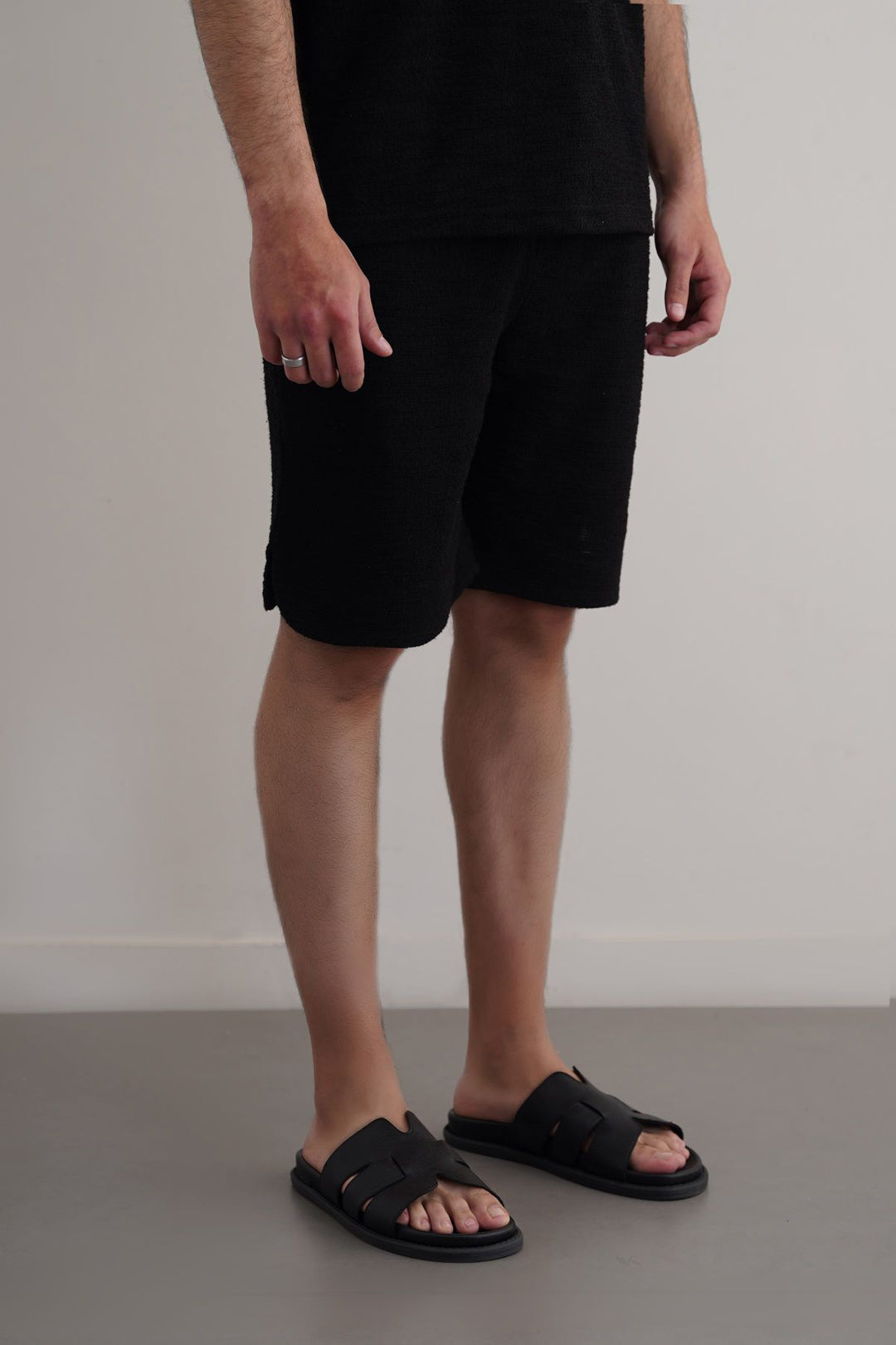 BLACK BOUCLE-KNIT SHORTS
