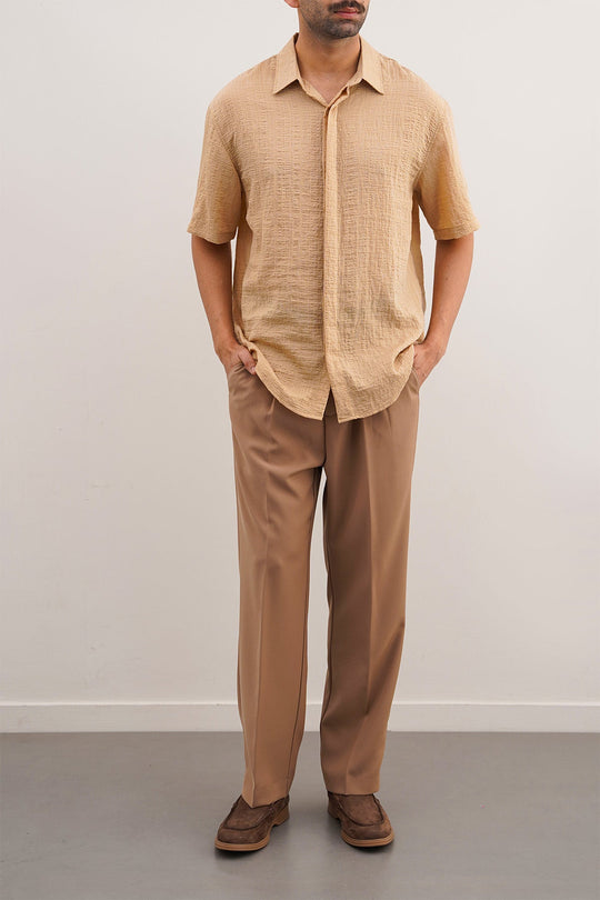 BEIGE SEERSUCKER HALFSLEEVES SHIRT