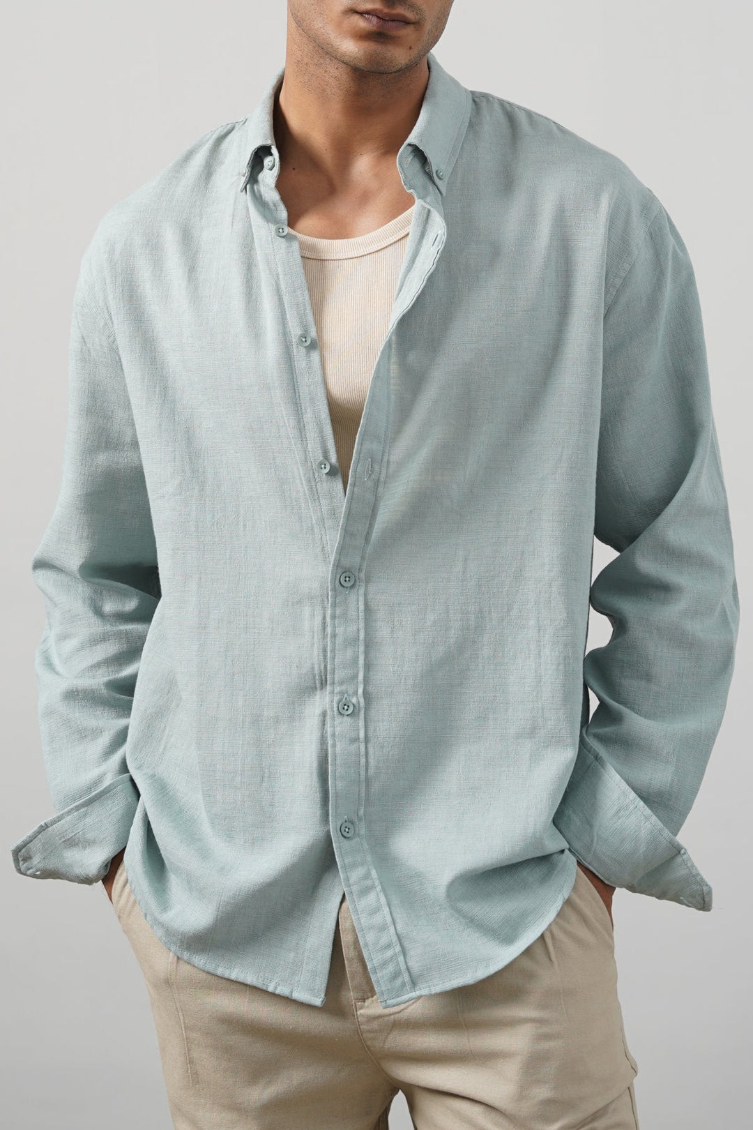 TURQUOISE SLUB COTTON SHIRT