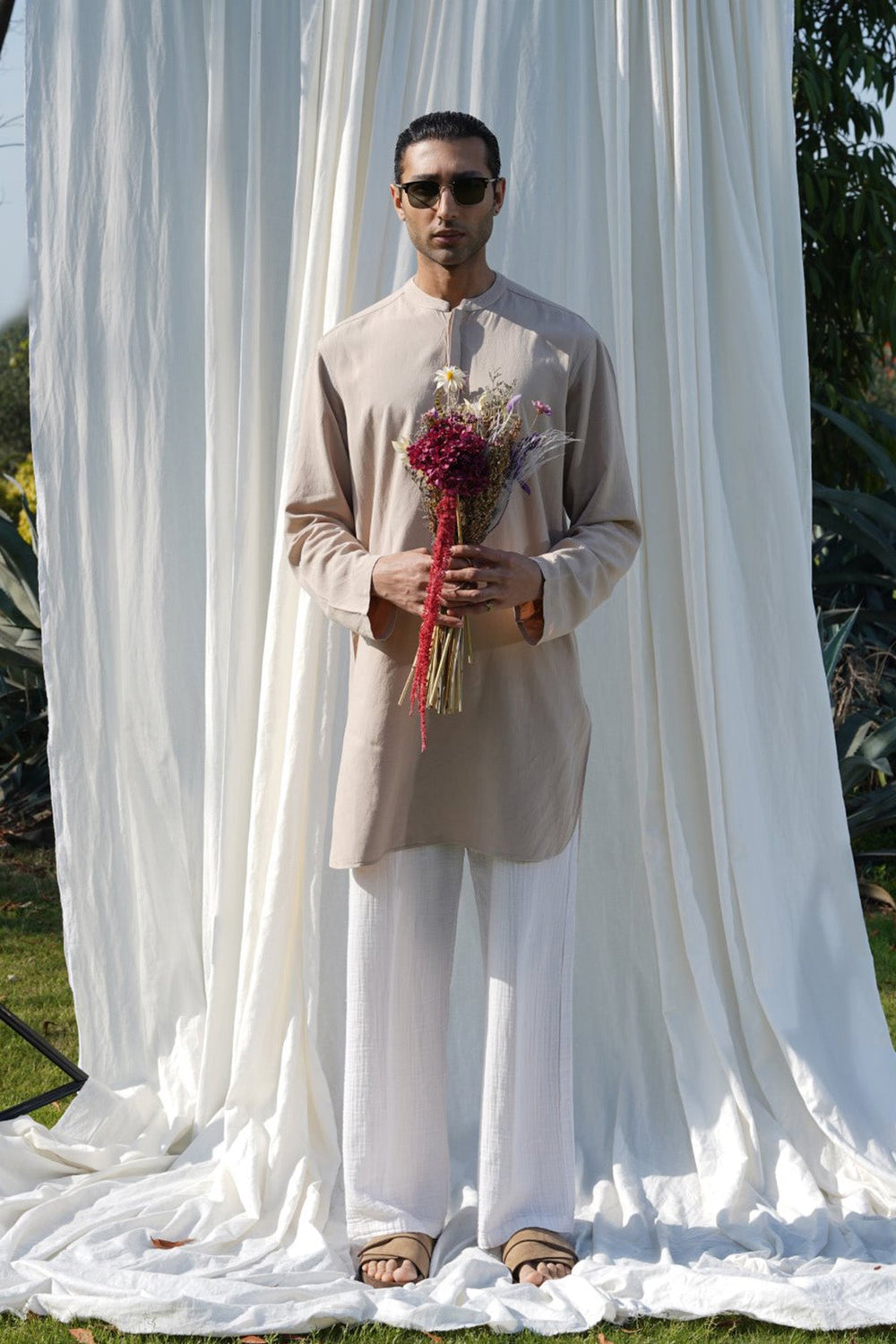 BEIGE LINEN BLEND LONG SHIRT