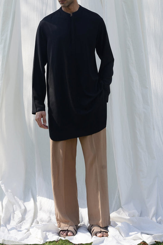 BLACK LINEN BLEND LONG SHIRT