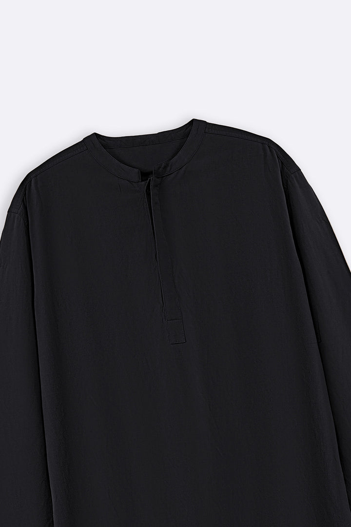 BLACK LINEN BLEND LONG SHIRT