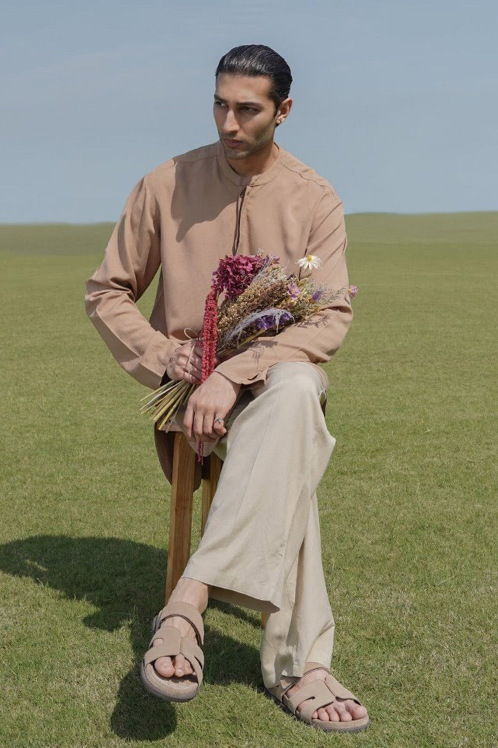 KHAKI LINEN BLEND LONG SHIRT