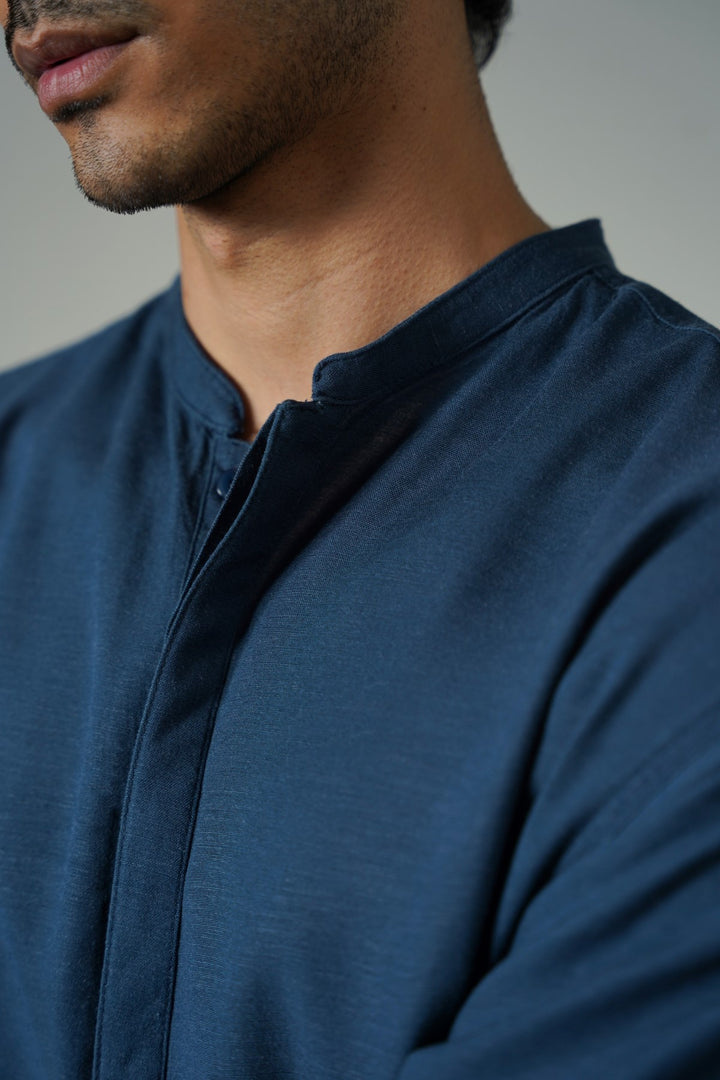MELANGE NAVY LINEN BLEND LONG SHIRT