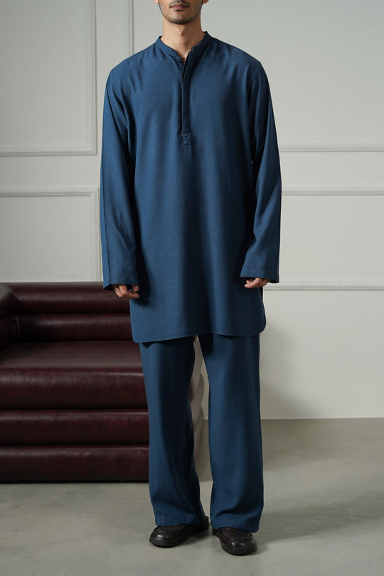 MELANGE NAVY LINEN BLEND LONG SHIRT