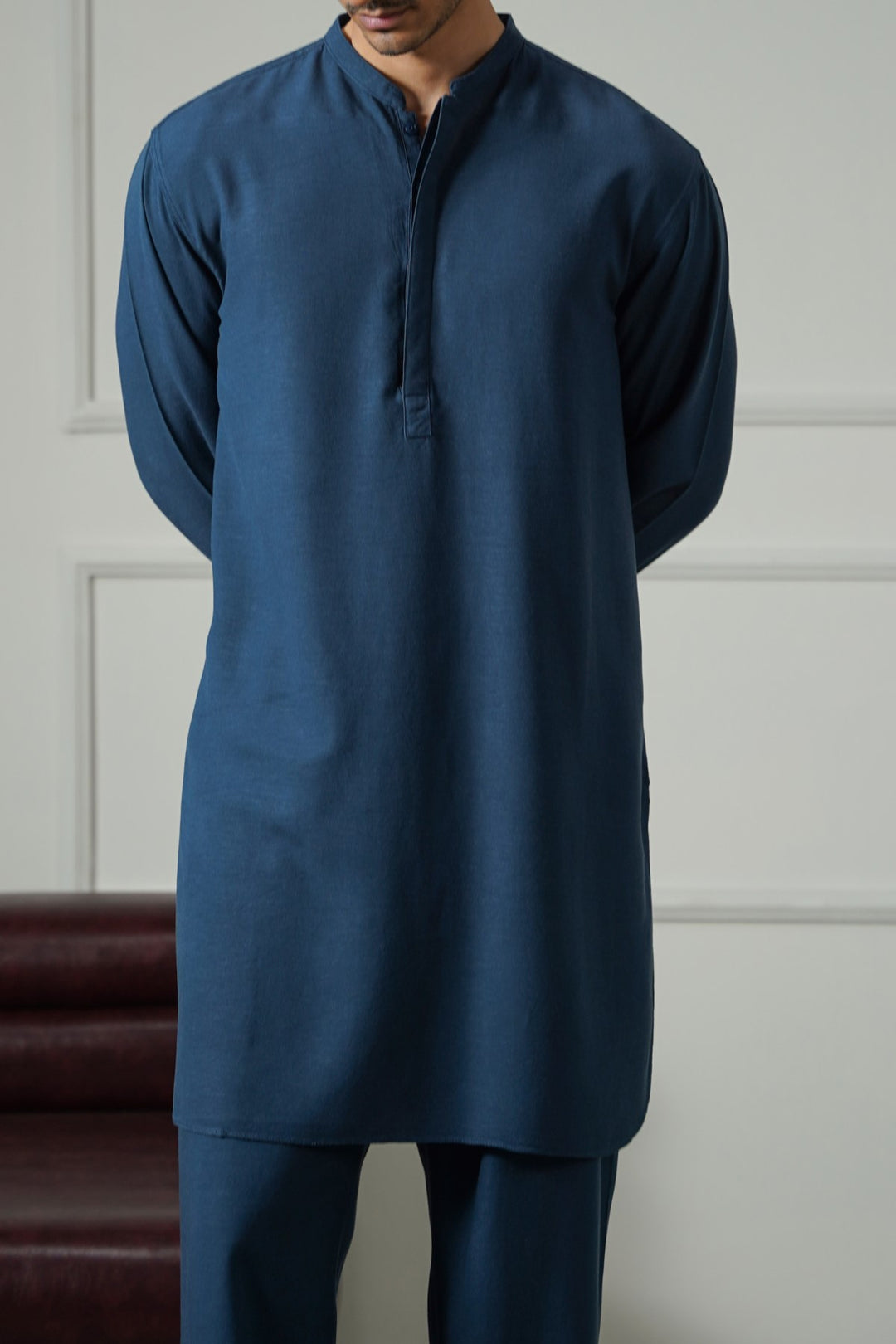 MELANGE NAVY LINEN BLEND LONG SHIRT