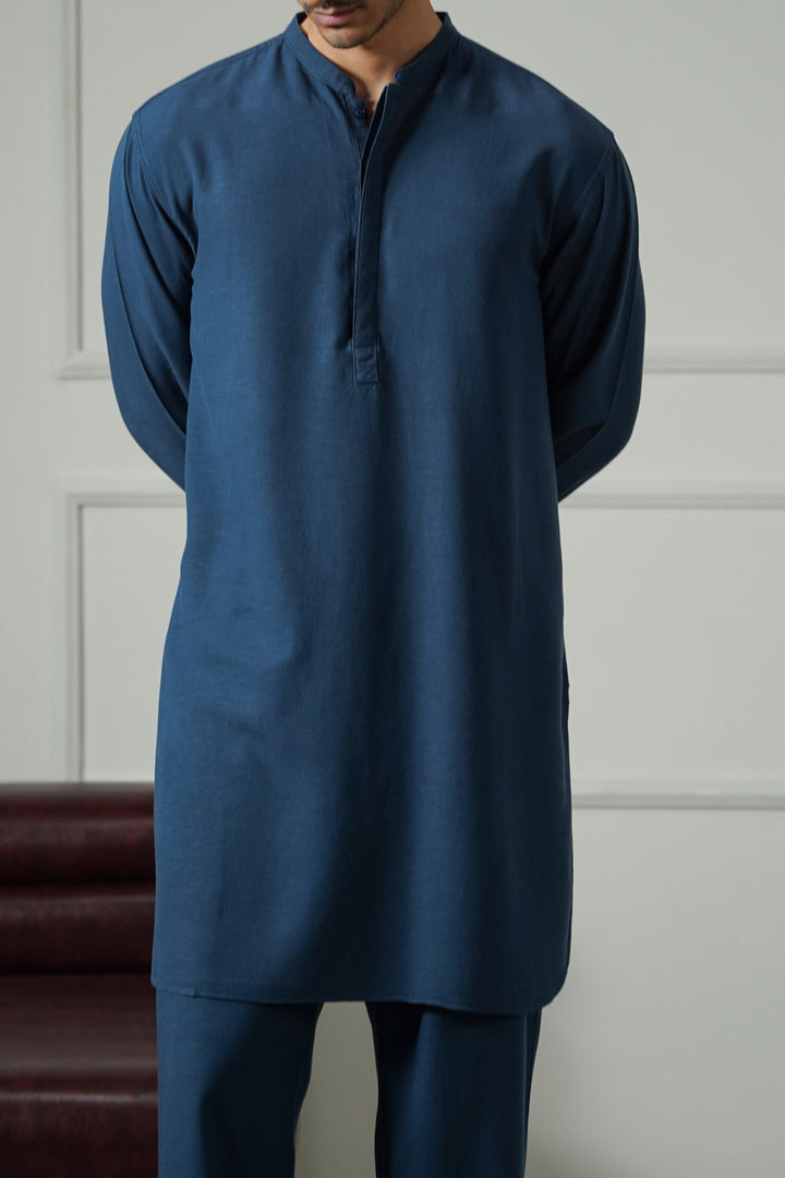 MELANGE NAVY LINEN BLEND LONG SHIRT