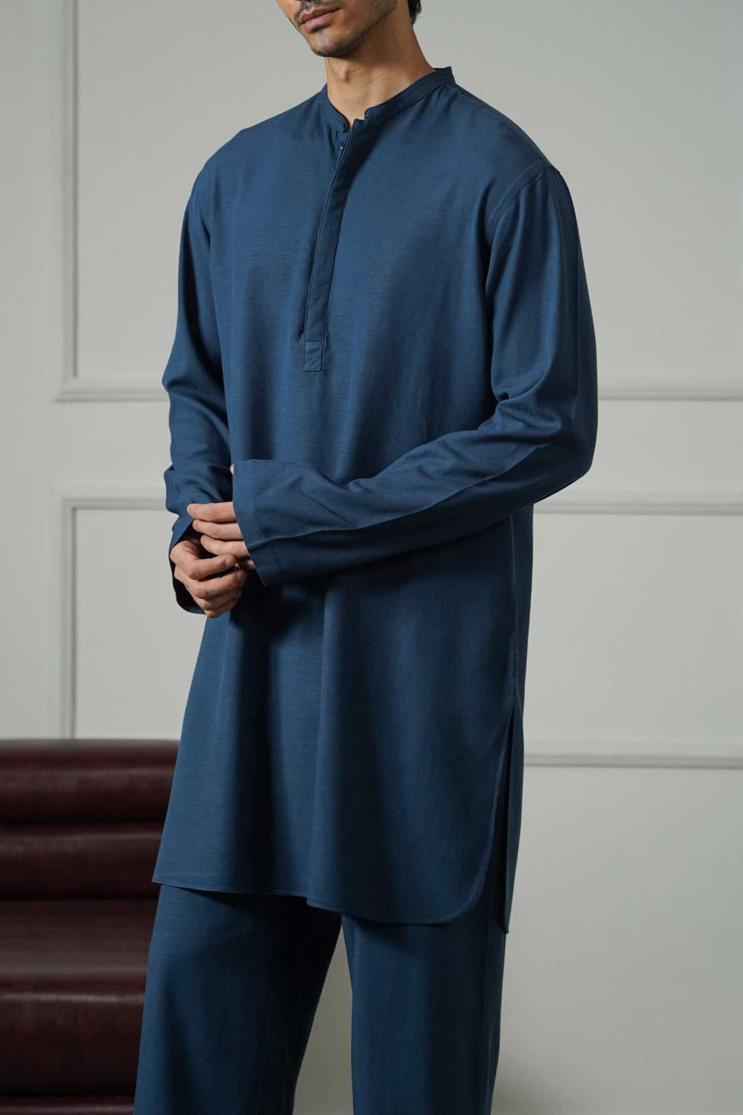 MELANGE NAVY LINEN BLEND LONG SHIRT