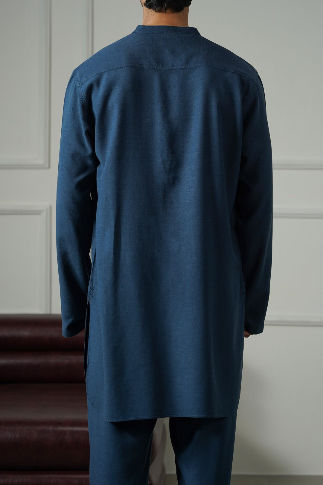 MELANGE NAVY LINEN BLEND LONG SHIRT