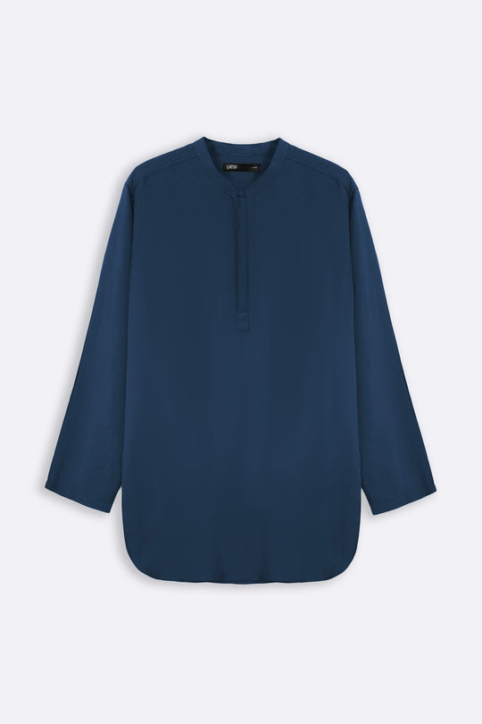 MELANGE NAVY LINEN BLEND LONG SHIRT
