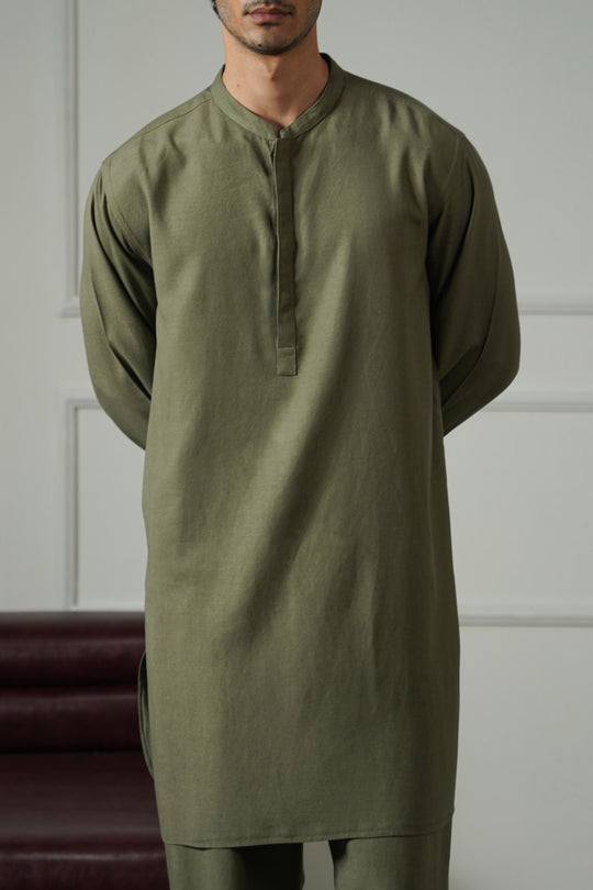 OLIVE LINEN BLEND LONG SHIRT
