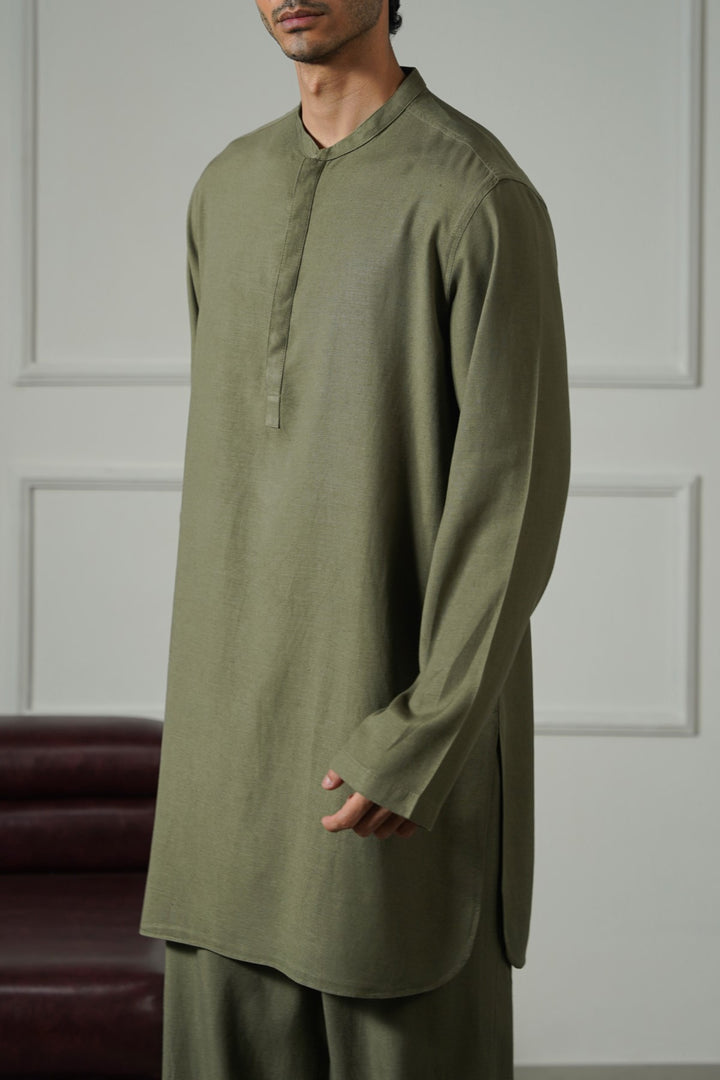 OLIVE LINEN BLEND LONG SHIRT