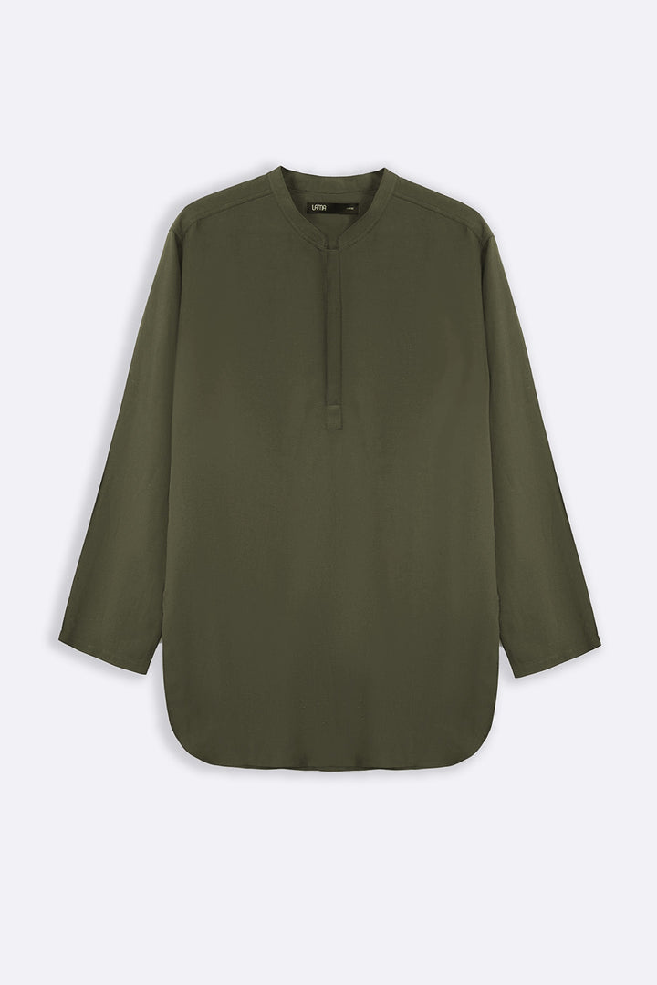 OLIVE LINEN BLEND LONG SHIRT