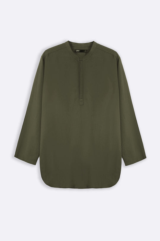 OLIVE LINEN BLEND LONG SHIRT